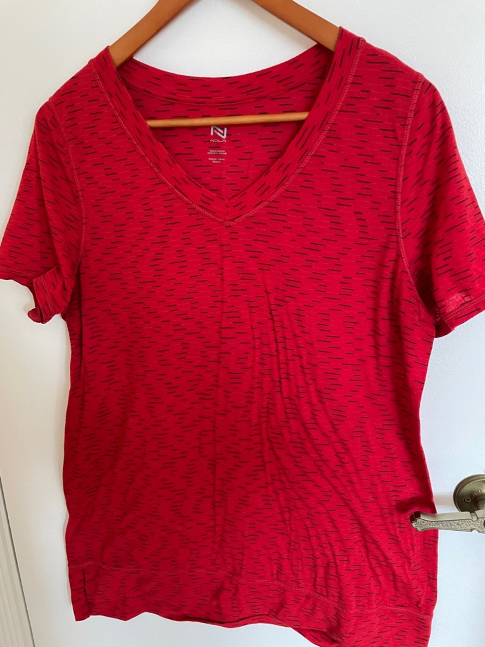 Nola Red V-Neck Short Sleeve Tee Workout Shirt Speckled Design